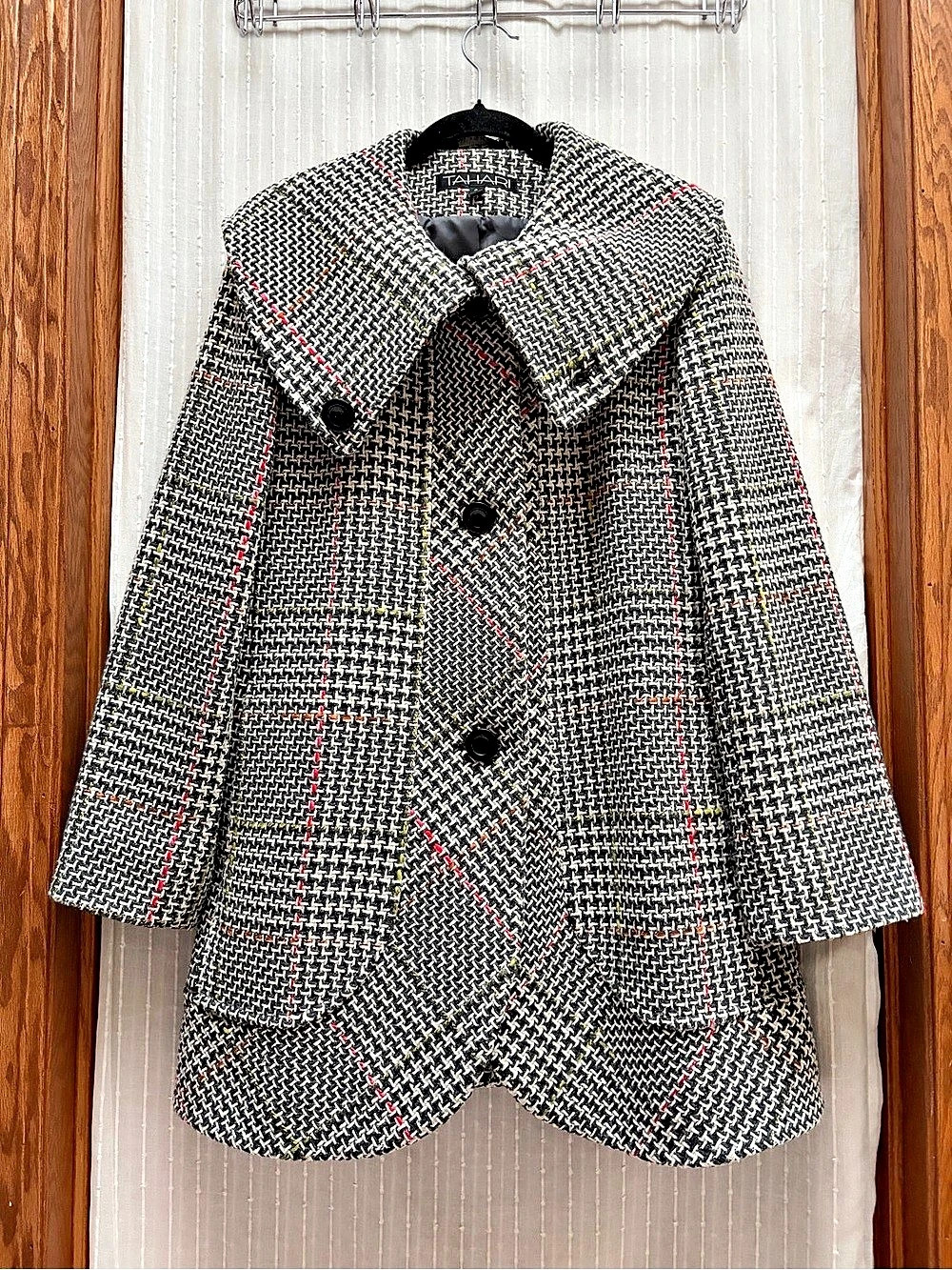 Tahari Womens Wool Blend Houndstooth Winter Coat Jacket Size 8
